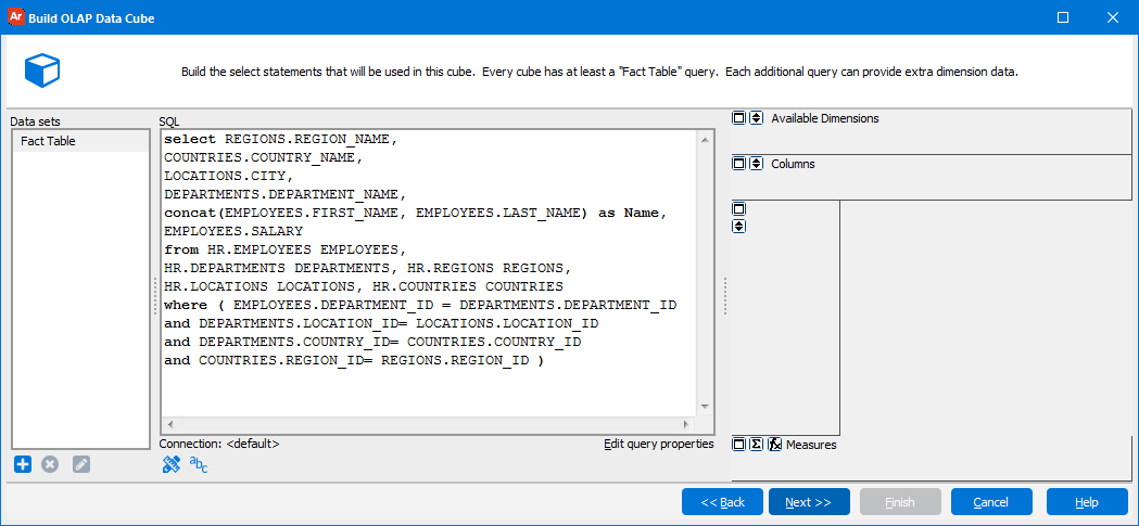 The Build OLAP Data Cube dialog containing SQL statements used to create the cube. The Data Sets pane contains the text Fact Table.
